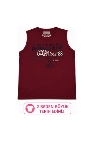 Büyük Beden Kolsuz Yuvarlak Yaka Baskılı Erkek Tishirt Atlet Bordo