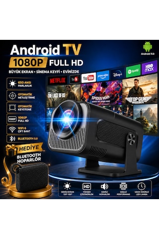 Android Tv 1080p Full Hd Projeksiyon Cihazı Wifi 6 Bluetooth 5.0 Otomatik Keystone Ev Sinema Projektörü
