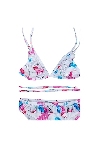 Lolliboomkids Kzı Çocuk Fırfır Detaylı Üçgen Bağlamalı Summer Flamingo Bikini Takımı Beyaz Flamingo Beyaz