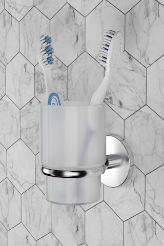 Paslanmaz Krom Diş Fırçalık Plastik Hazneli Yapışkan İle Duvara Monte Gümüş