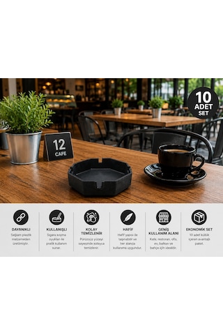 10'lu Siyah Plastik Küllük Seti – Kafe, Restoran, Balkon ve Bahçe Kullanımına Uygun