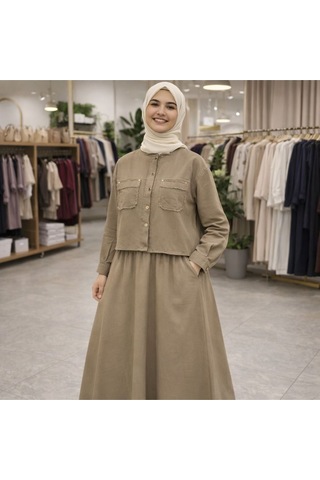 Esra Butik78 Gabardin Kumaş Gizli Cepli İkili Takım Uzun Etekli Tesettür Şık Rahat Kombin Kahverengi