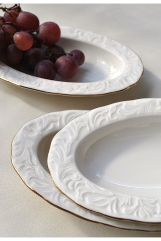 2'li Gold Yaldızlı Porselen Kayık Tabak 12x19 Cm Sunum Tabağı Orta Boy Beyaz
