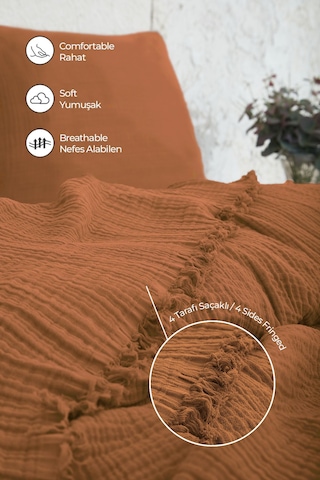 %100 Pamuk Çift Kişilik Müslin Yatak Örtüsü 4 Katlı Yumuşak Battaniye Müslin Pike Takımı 3 Parça Turuncu Turuncu