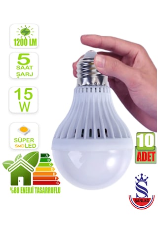 Şarjlı Akülü 15w Beyaz Işık Led Ampul-10 Adet