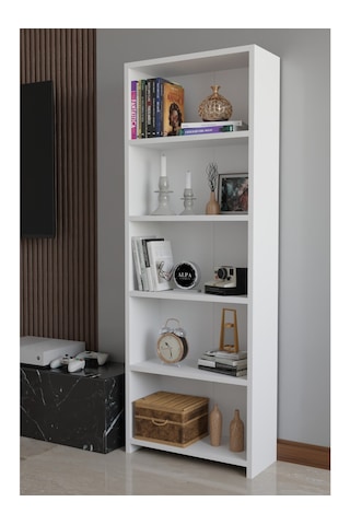 5 Raflı Kitaplık Dekoratif Çok Amaçlı Düzenleyici Raf 150 Cm Salon Çalışma Odası Raf Beyaz