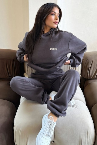 Fetch Eşofman Takımı Sweatshirt Jogger - Füme Baskılı Oversize Şardonlu Kapüşonlu Gri