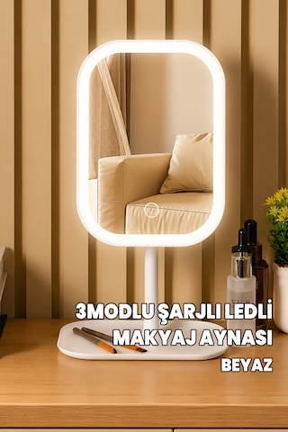 Led'li Makyaj Aynası - 3 Modlu Işıklı Ayna - Şarj Edilebilir Usb - Şarjlı Makyaj Düzenleyici Dokumatik Beyaz