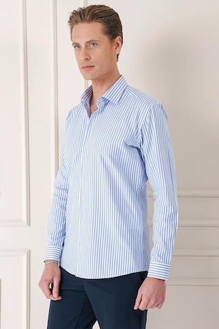 Efor Slim Fit Dikine Çizgili %100 Pamuk Klasik Mavi Beyaz Gömlek Gk 721 Mavi - Beyaz