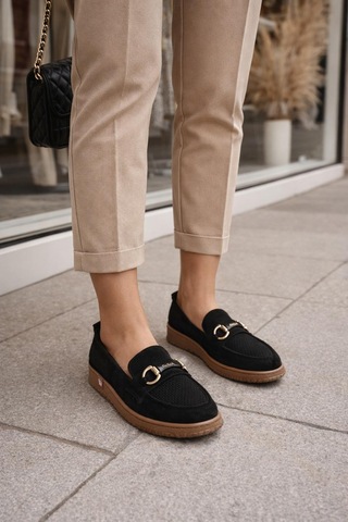 Modaonn Kadın Süet Tokalı Loafer Siyah