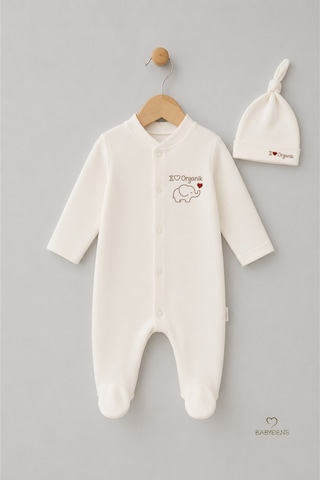 Babyden's Organik Pamuk Bebek Tulumu Şapkalı Yenidoğan Hastane Çıkışı Çıtçıtlı Patikli Uzun Kollu Ekru