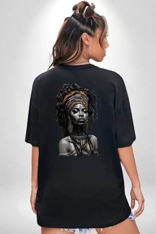 Afrikalı Kadın Sanat Siyahi Siyah Oversize Kadın Erkek Ön Ve Sırt Baskılı Tişört Siyah