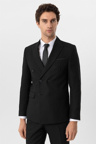 Süvari Siyah Slim Fit Armürlü Sivri Yaka 6 Drop Klasik Takım Elbise-35522 Siyah