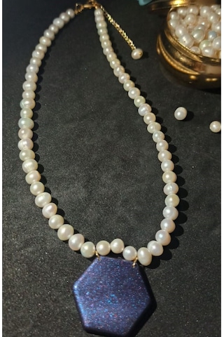 24k Altın Kaplama Gerçek İnci Sedef Gece Akrilik Detaylı Kolye Be Çok Renkli