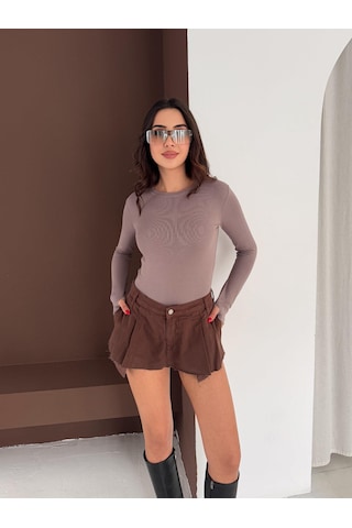 Elaxi Kadın Bisiklet Yaka Uzun Kollu Parmak Geçme Detaylı Altı Çıtçıtlı Full Likralı Buzzy Body Vizon