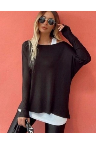 Tua Moda Kadın Uzun Kollu Tek Omuzdan Açık Çilek Bluz Ve Viskon Atlet Ikili Takım Siyah