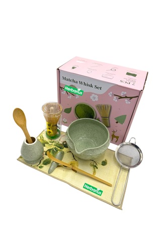 Herbarius 8 Parça Çiçek Desenli Benekli Adaçayı Yeşili Renk Matcha Çayı Hazırlama Seti - Geleneksel Japon Matcha Seti
