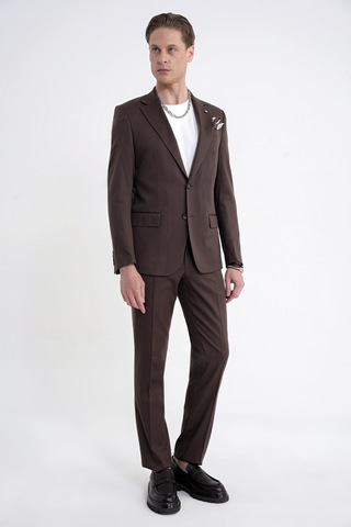 Efor Slim Fit Mono Yaka %97 Tencel Kumaş Çift Yırtmaç Esnek Kahverengi Takım Elbise Tk 941