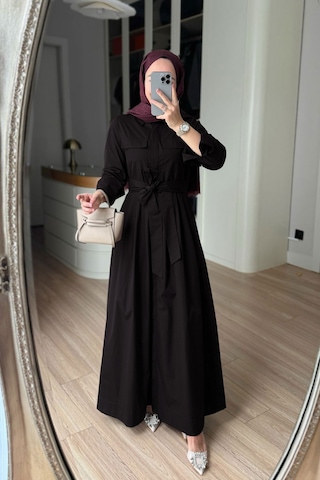 Kahijab Düğmeli Pile Detay Poplin Elbise - Siyah