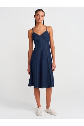 Dilvin 90549 Askılı Denim Midi Elbise-lacivert Lacivert
