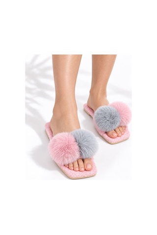 Dabab Shoes Pomella Kadın Pembe Çift Ponponlu Peluş Bantlı Kaymaz Tabanlı Önü Açık Ev Terliği