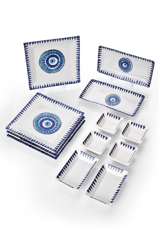 Piatti Naturali 12 Parça 4 Kişilik Nazar Kahvaltı Takımı Handmade Sunum Set Mavi