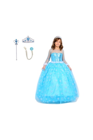 Butikhappykids Prenses Elsa Kostümü Uzun Kollu Elsa 1-12yaş Taç-asa-saç Hediyeli Mavi