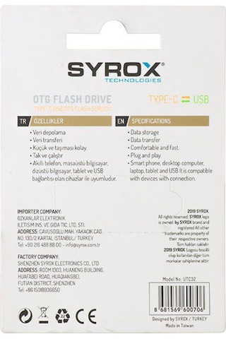 Syrox Type-c Ve Usb 2.0 Usb Flash Bellek 32 Gb. Otg Çift Giriş