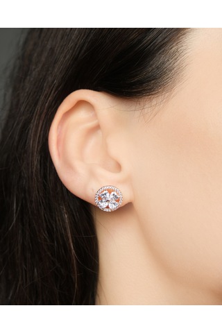 Lekka Design Kadın Kararmaz Çelik Lüks Takı Zirkon Taşlı Yoncalı Yuvarlak Abiye Küpe Altın