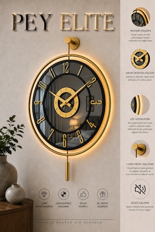 Pey Aksesuar Metal Aynalı Duvar Saati Işıklı Gerçek Cam Duvar Saati Modern Tasarım 40 X60 Cm Gold-füme-siyah