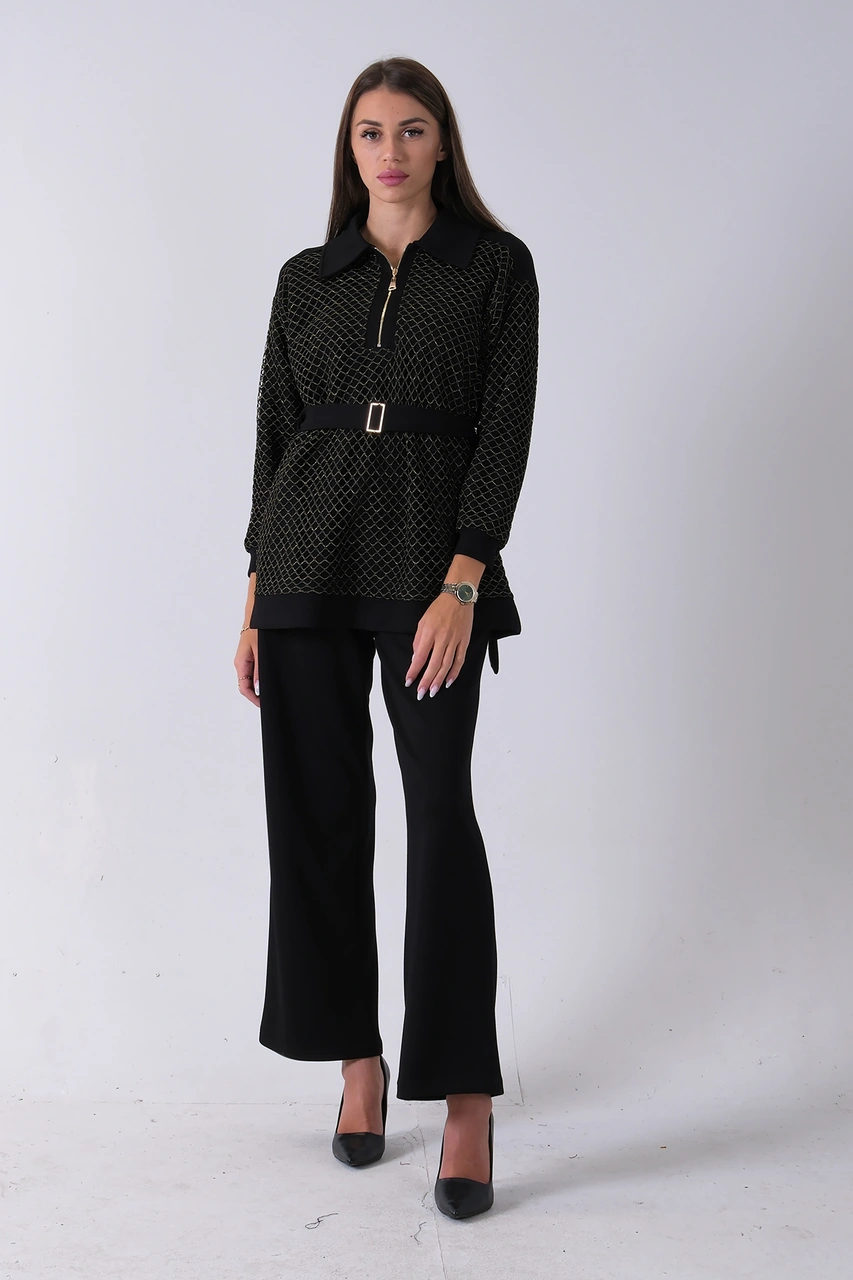 Feminist Gold Tunik Yaka Fermuar Kapamalı File Detaylı Pantolonlu Takım 4577283.122 Gold