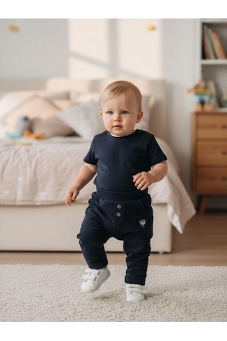 Zekids Erkek Çocuk Pamuklu Lastikli Duble Paça Eşofman Altı-16388 Lacivert