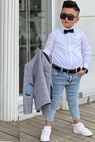 Riccotarz Erkek Çocuk Çizgili Blazer Ceket Kot Pantolon Füme Alt Üst Takım 001