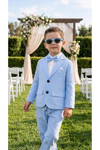 Baby Kids Colors Erkek Çocuk Flamlı Keten Salaş Ceketli Takım Elbise / Gömlek Pantolon Ceket Papyon Keten Takım Mavi