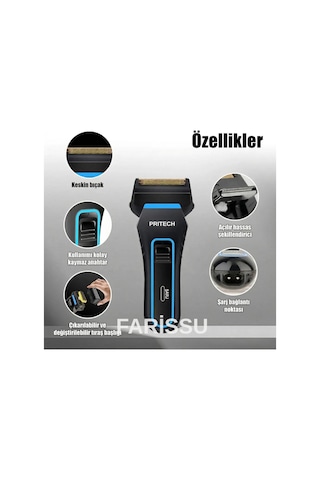 Pritech Rf-1310 Şarjlı Sakal Tıraş Makinesi - Yedek Bıçaklı, Islak & Kuru Kullanım, 115g Hafif Tasarım