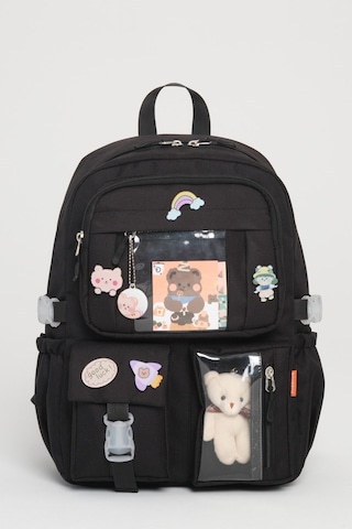 Kawaii Kore Tarzı Aksesuarlı 3'lü Set Çocuk İlkokul Çantası Kalemlikli Beslenme Çantalı Sırt Çantası Siyah