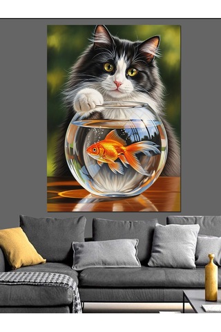 Ahşap Tablo Balık Fanusu Ve Kedi