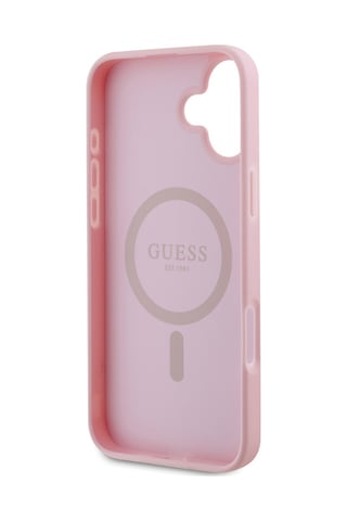 Apple iPhone 16 Plus Uyumlu Kılıf Guess Lisanslı Magsafe Şarj Özellikli Yazı Logolu Grained Kapak Pembe