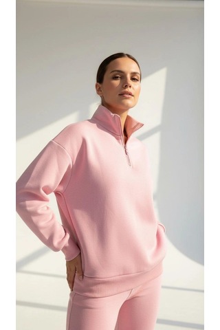 Kazax 3 İplik Şardonlu Yarım Fermuarlı Sweatshirt Somon Somon