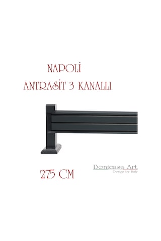 Napoli Ahşap Başlıklı 3 Kanallı Alüminyum Dekoratif Ray Korniş Modern Rustik Antrasit 275 Cm Antrasit