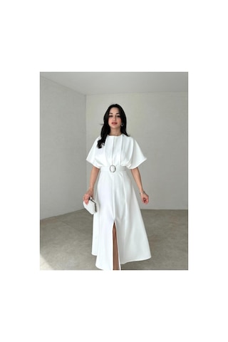 Afiş Butik Kemer Detaylı Yırtmaçlı Piliseli Midi Elbise Beyaz Beyaz