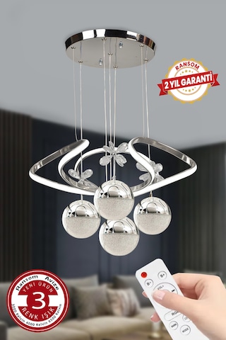 4 Toplu Kumandalı 3 Renk Büyük Salon Avize Krom Gümüş Kasa Dron