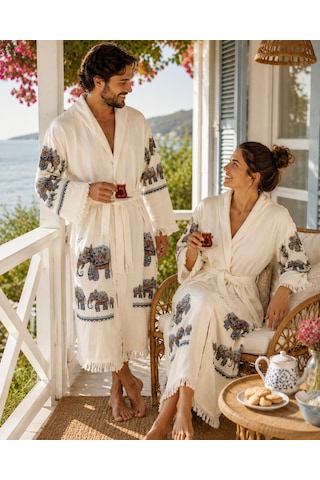 Müslin Taş Baskı Fil Desen Bornoz Kapşonlu, %100pamuklu- Kapşonlu - Deniz-spa-havuz-banyo Unisex Bornoz Krem - Fil Desen