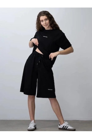 Zekids Kız Çocuk Pamuklu Tasarım Oversize T-shirt Şortlu Takım-15782 Siyah