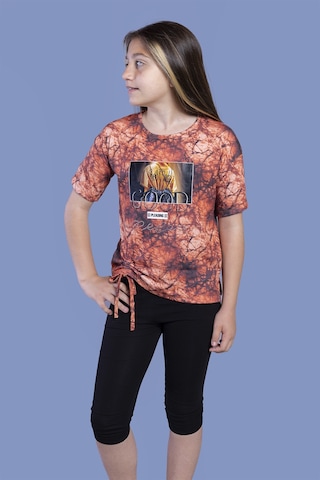 Toontoy Kız Çocuk 2'li Takım Baskılı Bisiklet Yaka T-shirt & Basic Düz Tayt - Yırtmaç Detaylı - Bağcıklı Turuncu