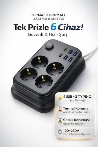 Akım Korumalı 4 Lü Priz 2x Usb-c 4x Usb-a Şarj 2m Kablo Uzatma Çocuk Korumalı Çoklu Priz 2 M
