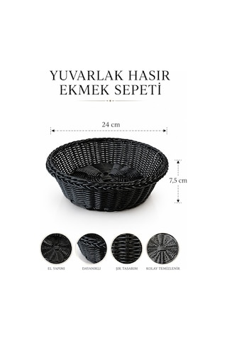 Siyah Hasır Detaylı Yuvarlak Ekmek, Sebzelik Sepeti 24x7,5 Cm