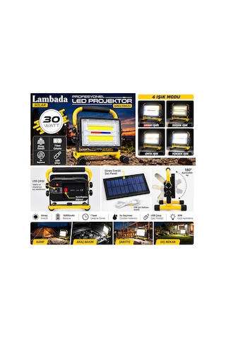 Carub 4500203 Lambada Solar 30w Güneş Enerjili Led Projektör 16000mah Şarjlı 4 Modlu Taşınabilir Kamp Ve Çalışma Lambası