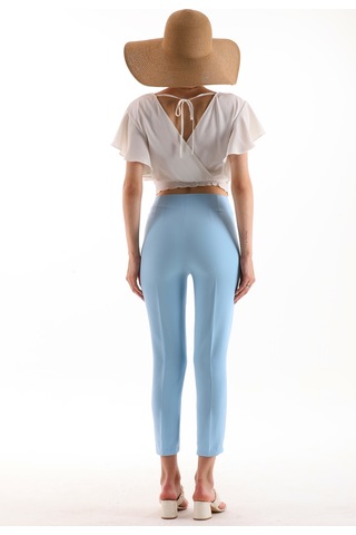 Yüksek Bel Pileli Filota Cep Görünümlü Dabıl Kumaş Pantolon Mavi