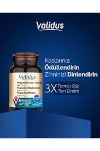 Validus Magnezyum Complex Bisglycinate Taurat Malat Vitamin B6 Vitamin D3 1000 Ünite 30 Tablet